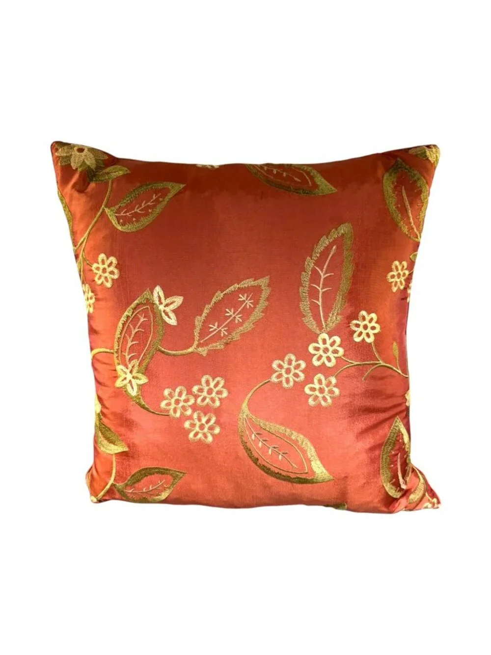 Set of 2 Rust/Gold Embroidered Floral Throw Pillows 17x17 Decorative Accent